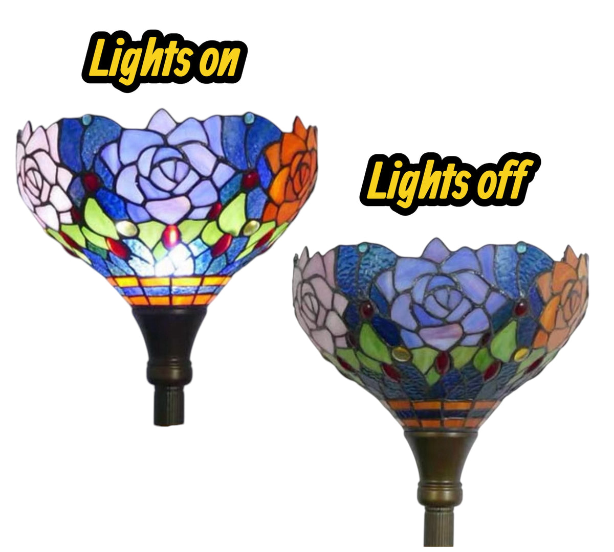 Torchiere stained glass shade with lights-on and lights-off views, dark metal socket
