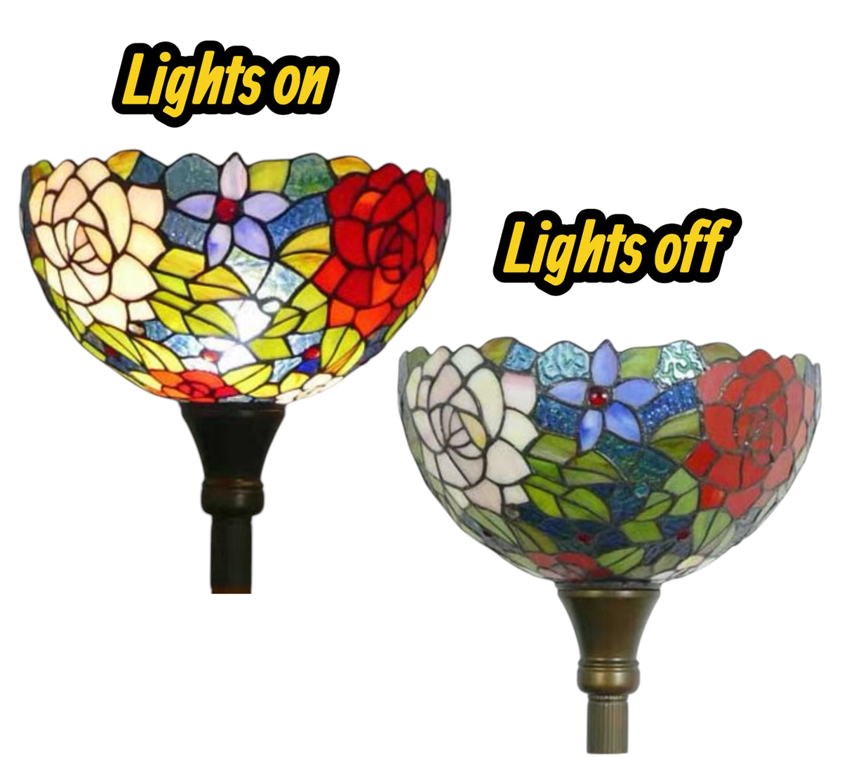 Stained glass lamp shade showing lights on and off, multicolor floral mosaic