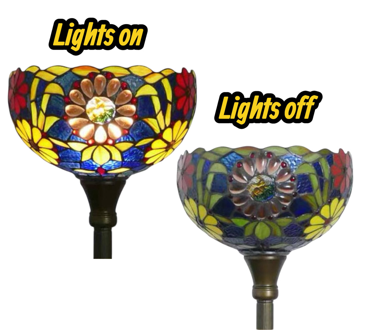 Stained glass floor lamp shade, lights on and off, floral stained-glass design