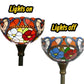 Stained glass torchiere lamp shade shown lit and unlit in two views