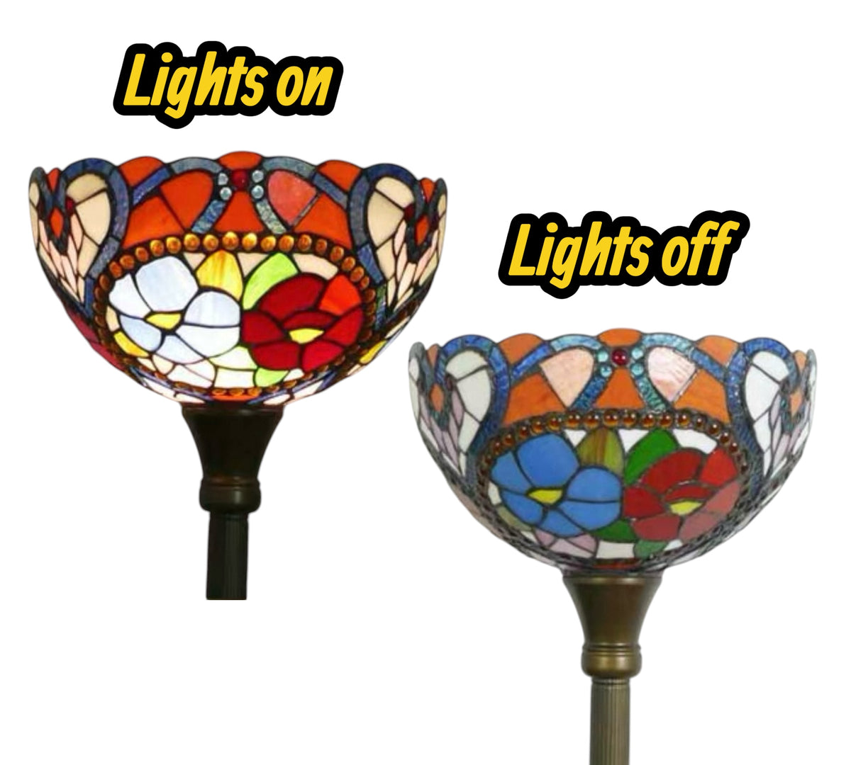 Stained glass torchiere lamp shade shown lit and unlit in two views