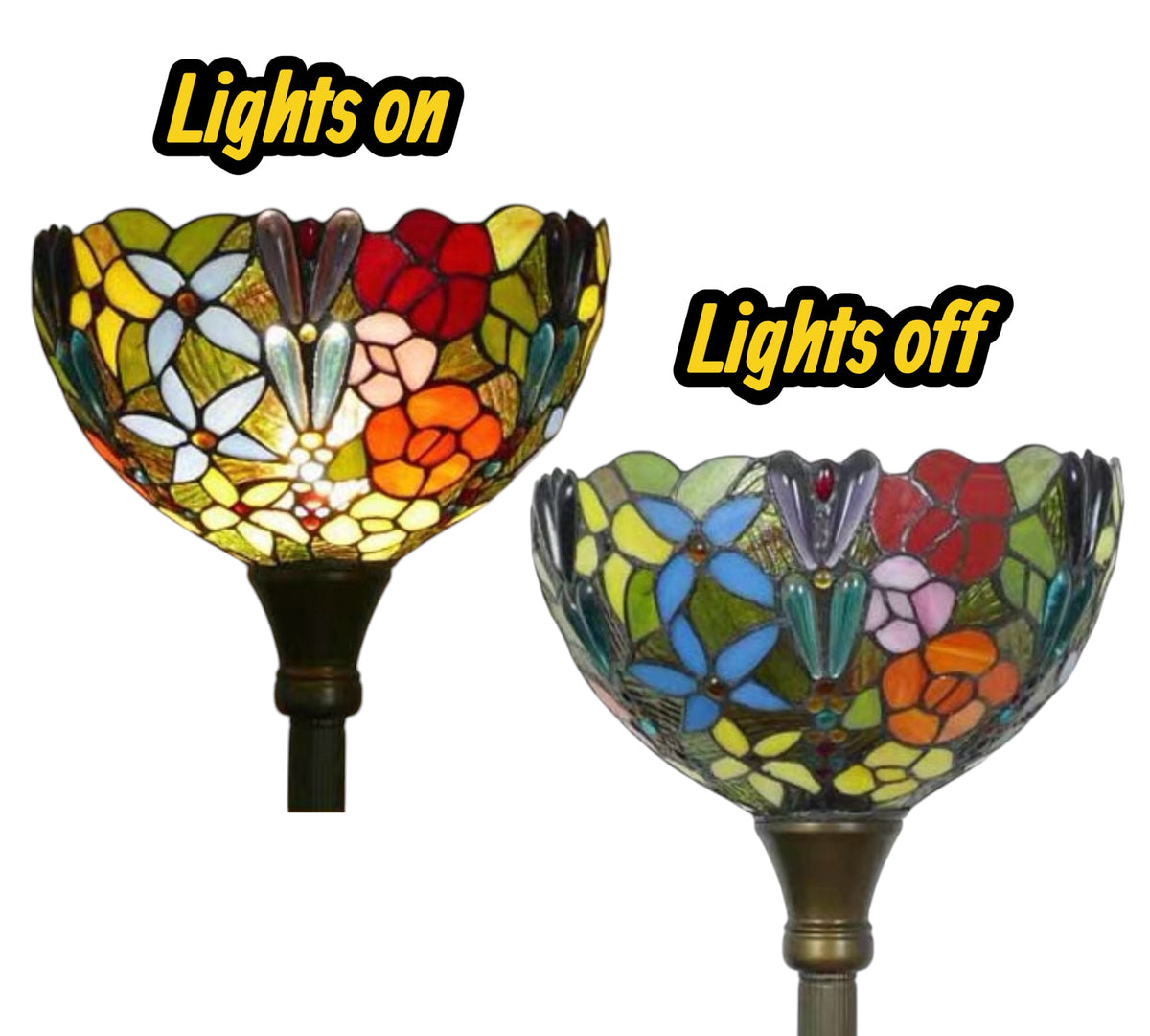 Pair of multicolor stained-glass lamp shades on dark bases, one illuminated and one off