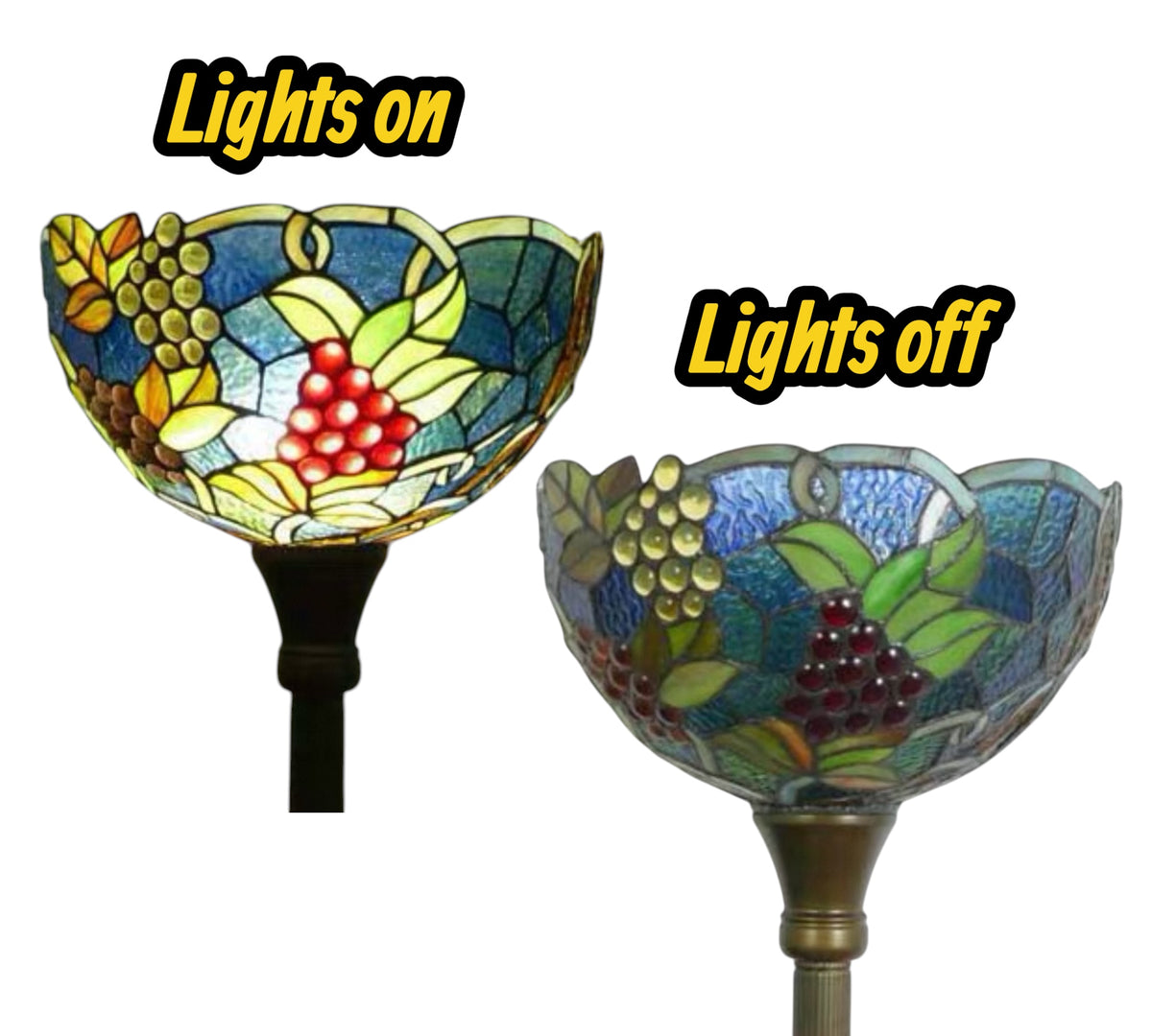 Stained glass lamp shade shows grape and leaf motifs on dark base; lights on/off comparison