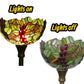 Floral stained glass torchiere shade, green and yellow with red berries, two lighting views