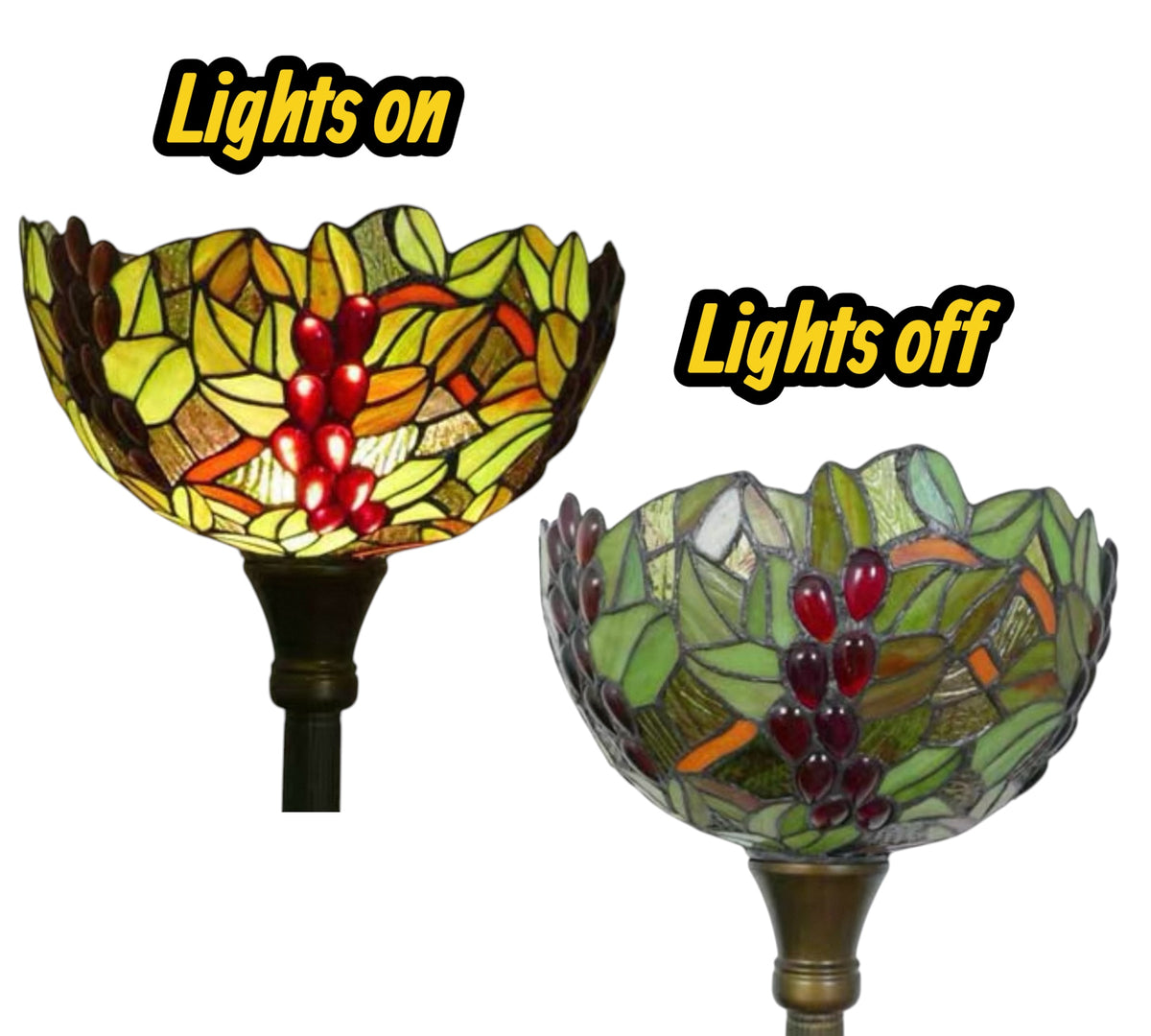 Floral stained glass torchiere shade, green and yellow with red berries, two lighting views