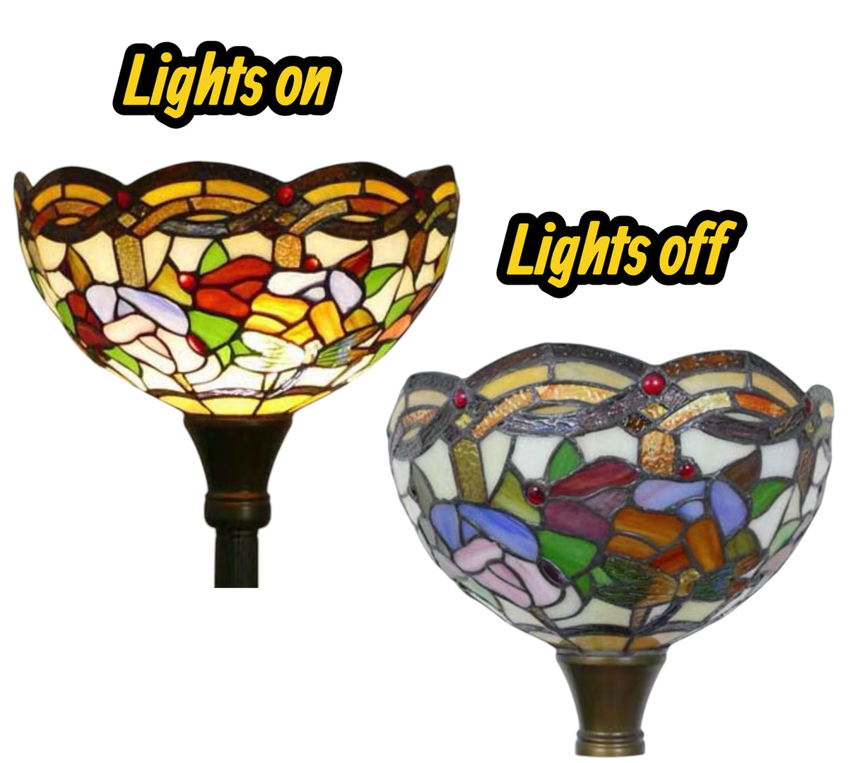 Stained-glass torchiere lamp shade close-up, illuminated vs unlit, dark metal stem