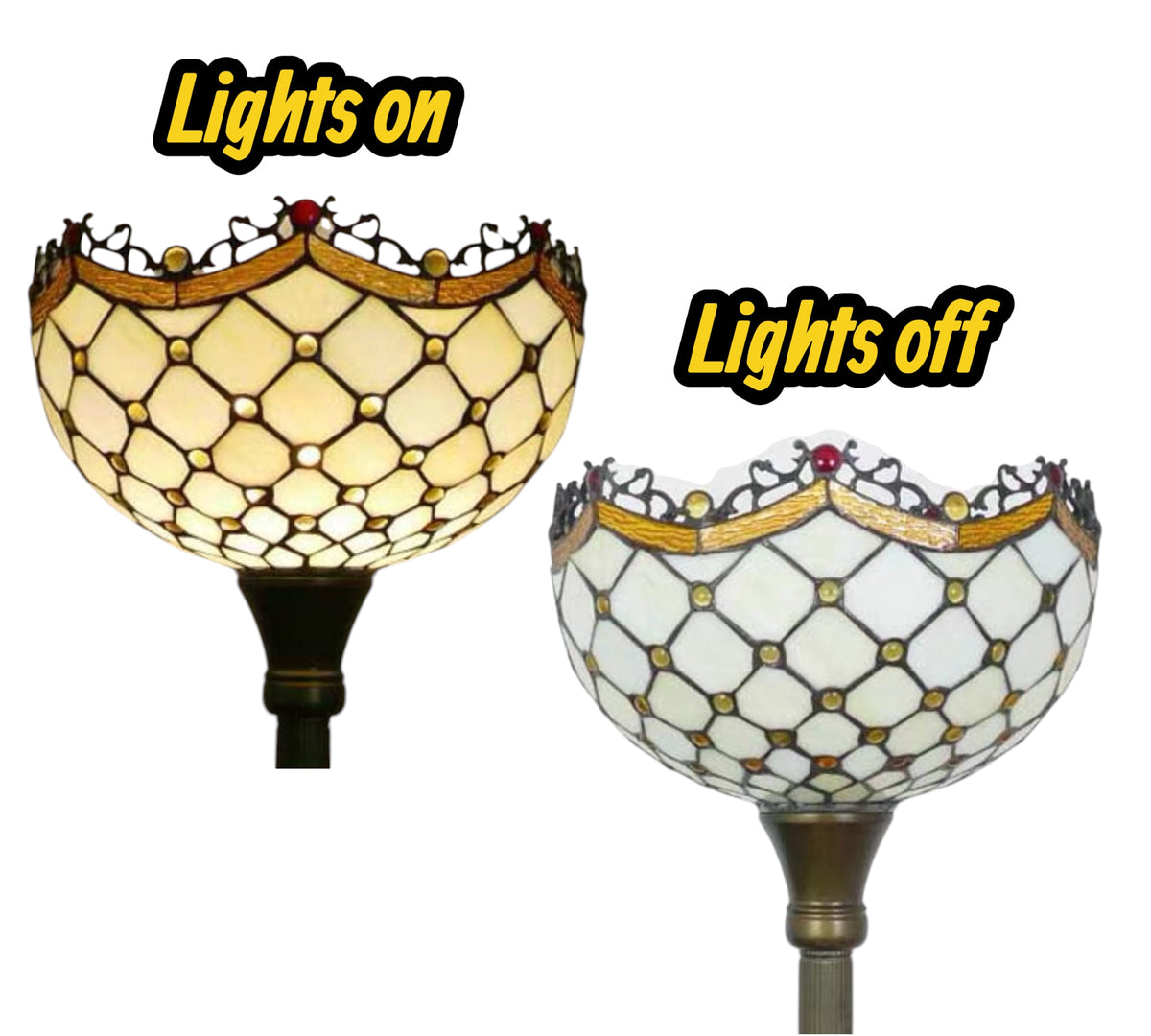 Stained glass torchiere lampshade shown glowing and unlit, with dark metal stem
