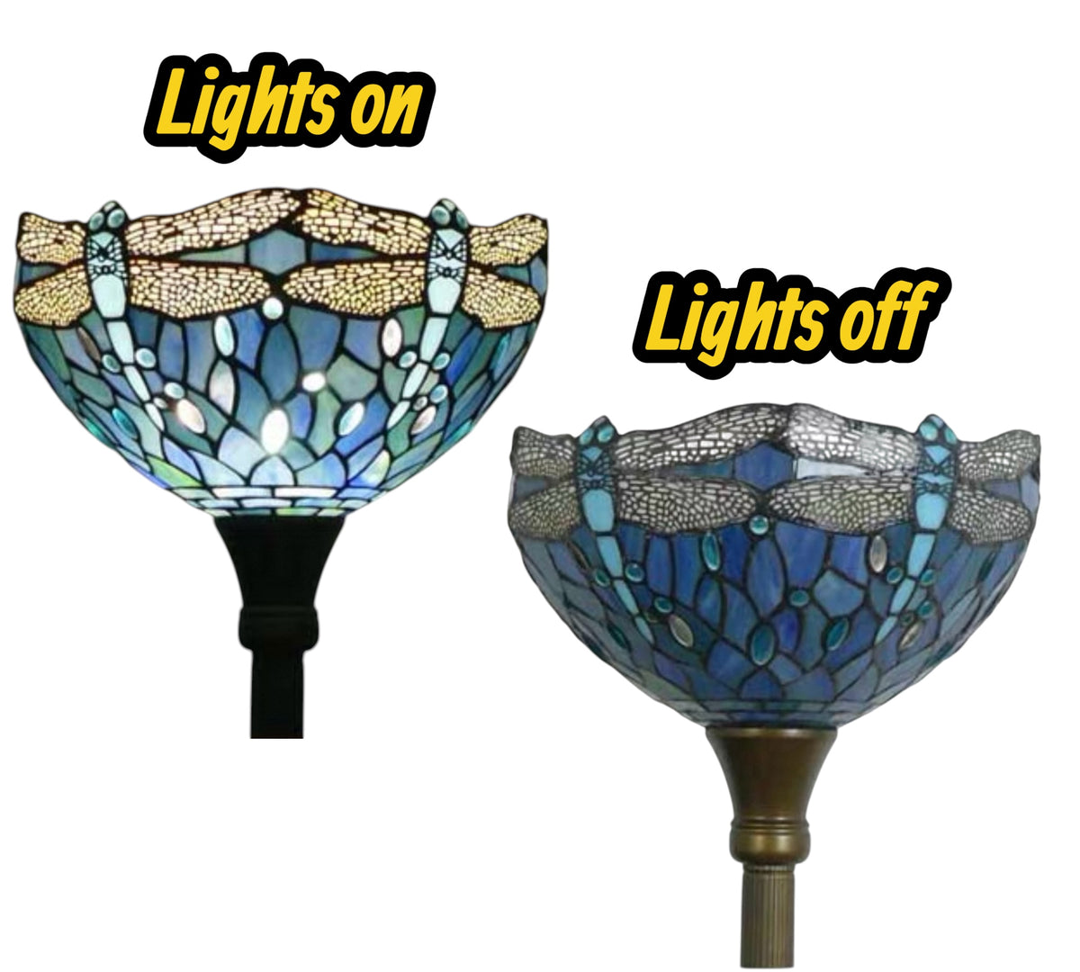 Torchiere lamp shade close-up: blue stained glass, warm lit and unlit