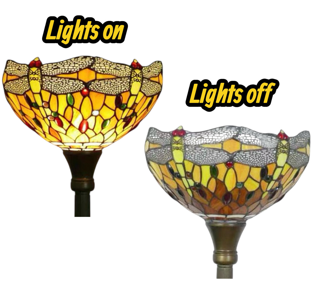 Stained-glass torchiere lamp shades shown lit and unlit, dark metal stem and top trim
