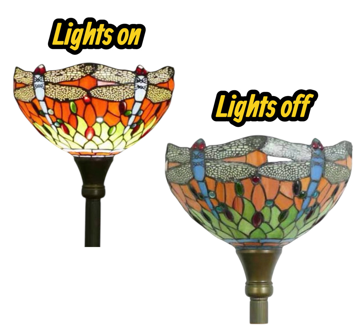 Stained glass torchiere lamp shade showing lights on and off on dark base.