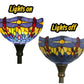 Stained glass torchiere floor lamp, lights-off blue yellow red shade on metal stem