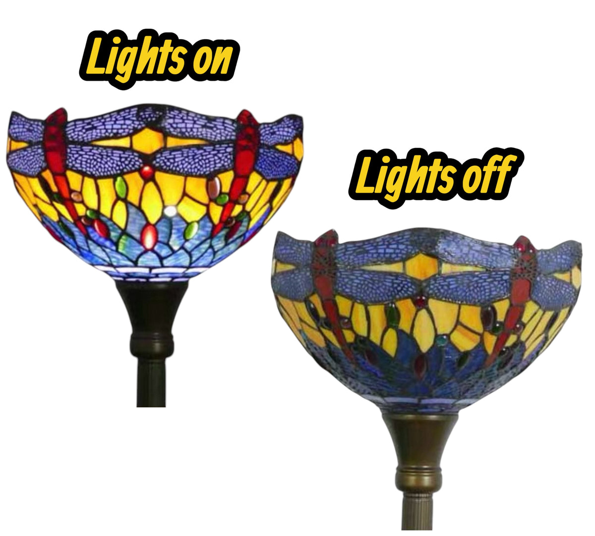 Stained glass torchiere floor lamp, lights-off blue yellow red shade on metal stem
