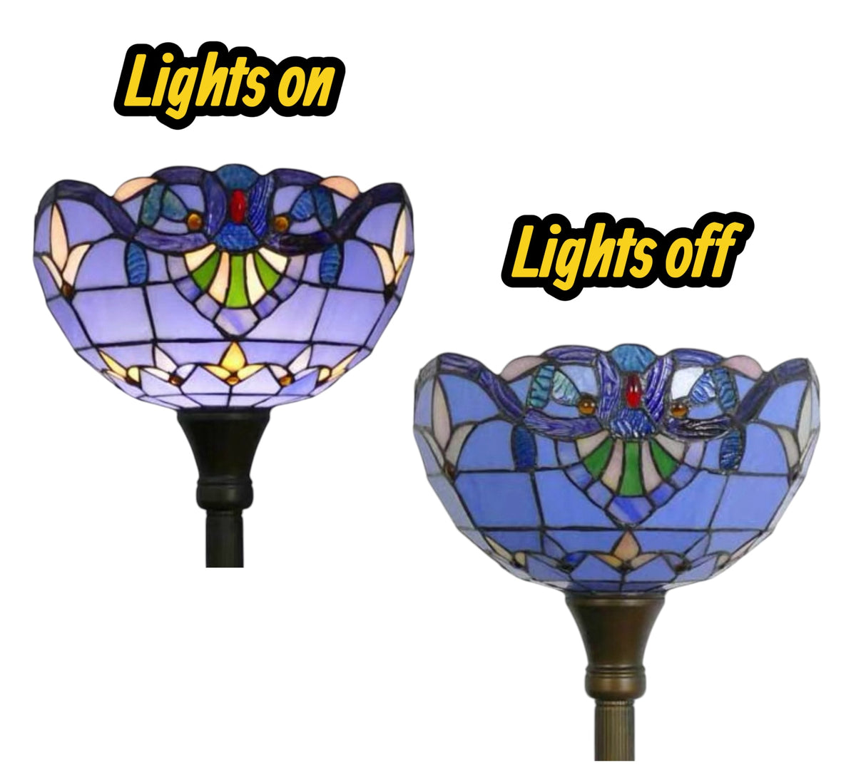 Stained-glass torchiere floor lamp shade shown lit and unlit with dark metal base