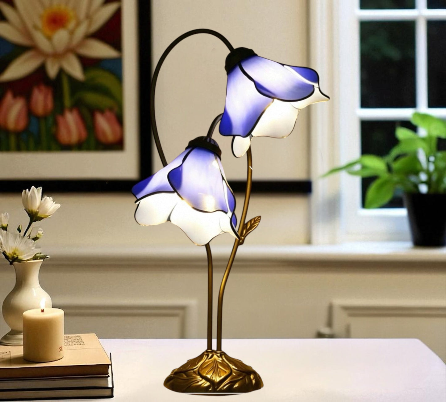 CDH LARGR Water Lily Flower Style Tiffany Table Lamp (12034D)