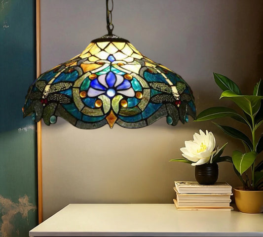 CDH Tiffany-style stained glass pendant lamp with multicolor floral mosaic and scalloped shade