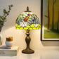 Stained glass Tiffany table lamp with multicolor shade and bronze metal stand