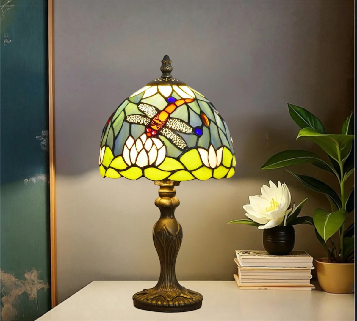 Stained glass table lamp with multicolor floral shade and bronze-style metal base
