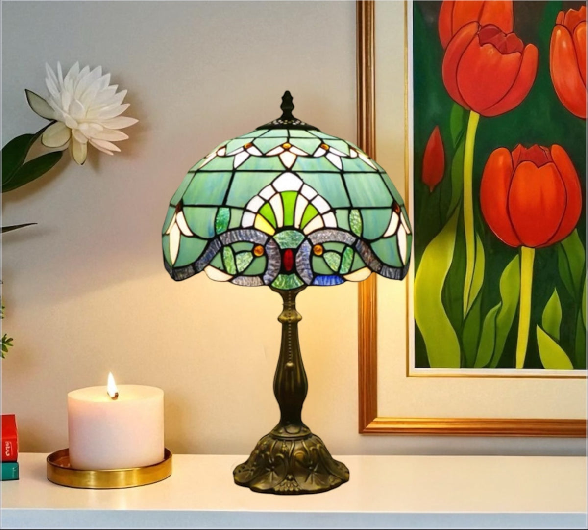 Green stained-glass Tiffany table lamp with bronze base