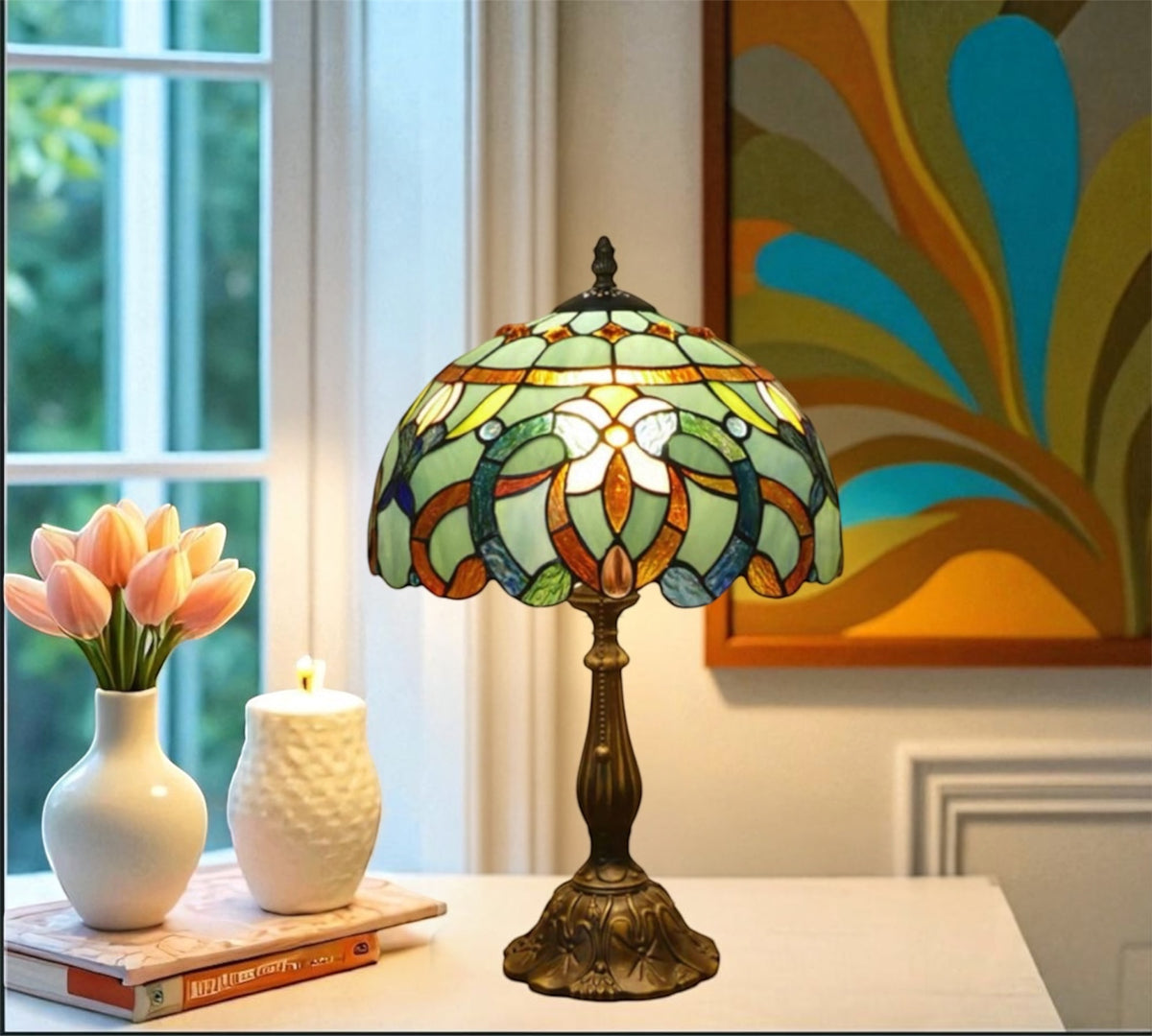Multicolor stained glass table lamp with brass-toned base and scalloped shade