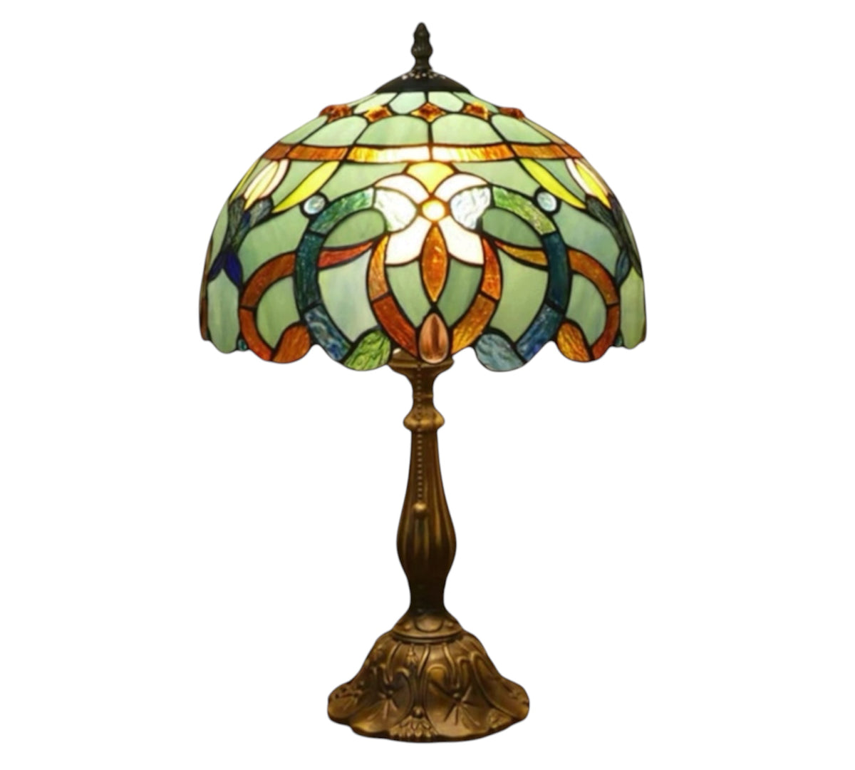 Multicolor stained glass table lamp with bronze base and scalloped shade, close-up