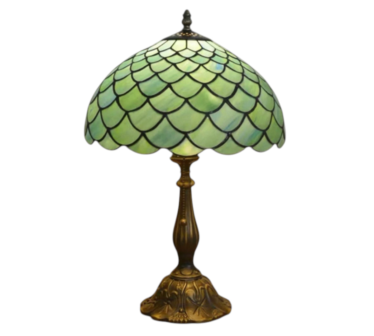 Tiffany-style table lamp with green stained-glass scallop shade and bronze base