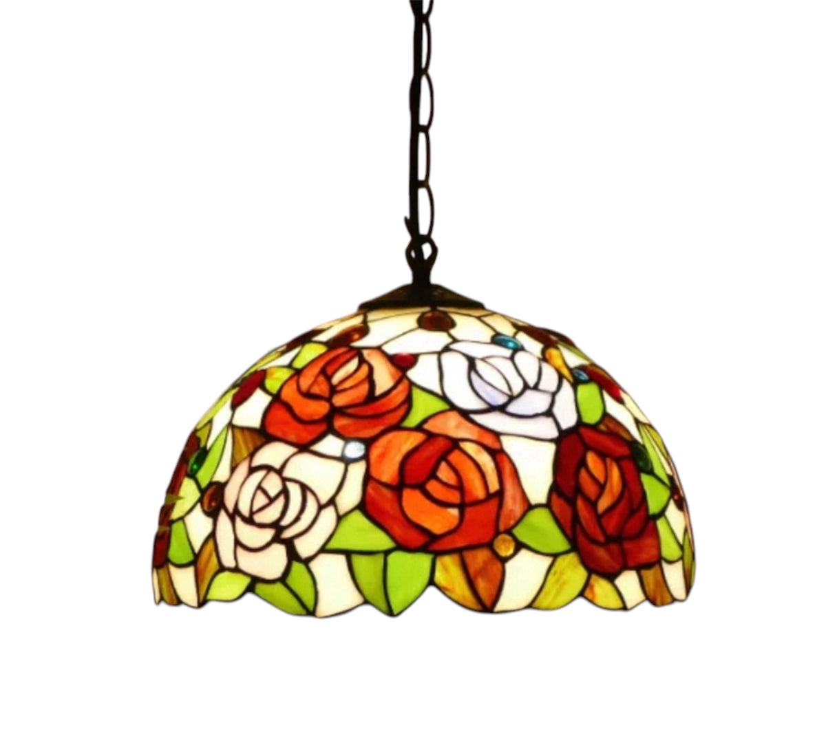 Stained glass pendant lamp shade with colorful rose and leaf mosaic design
