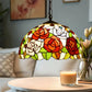 Stained glass pendant lamp with rose mosaic shade in red, orange, green, and white