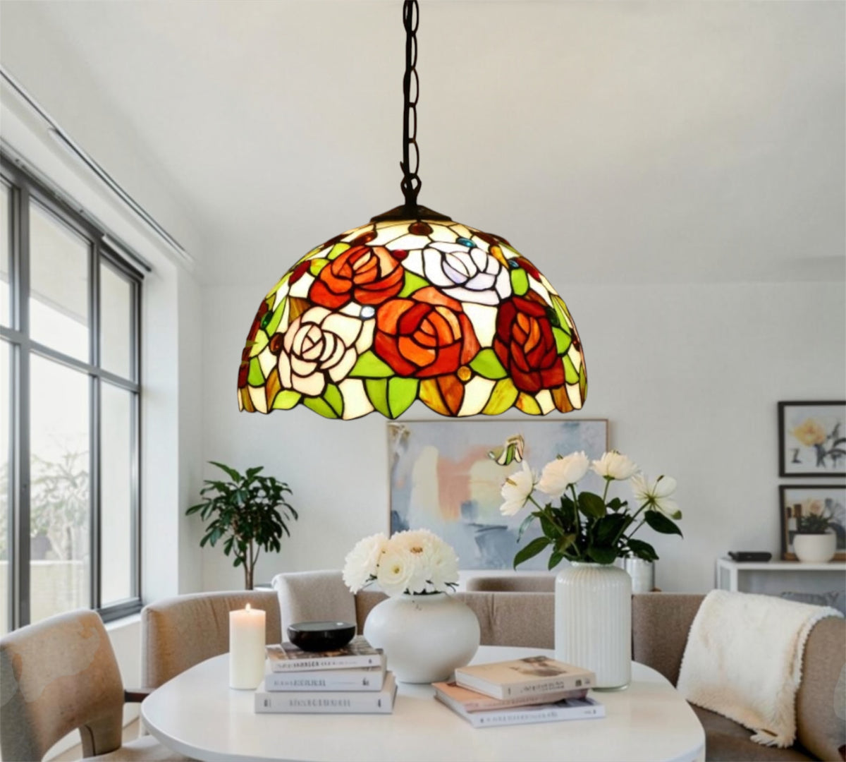 Stained glass pendant lamp shade with red and orange roses and white floral accents