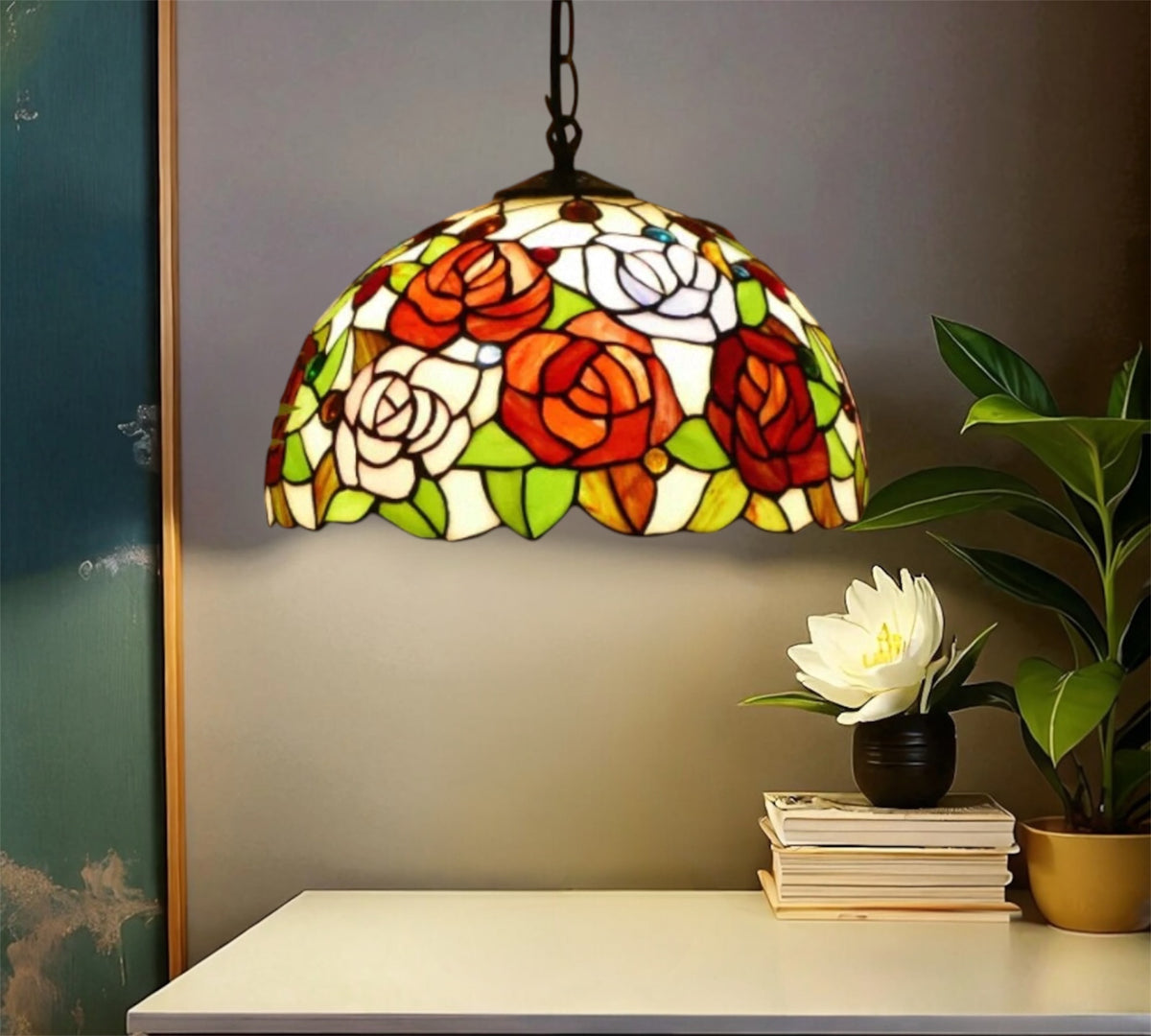 Stained glass pendant lamp shade with rose floral pattern in red, orange, green, and white