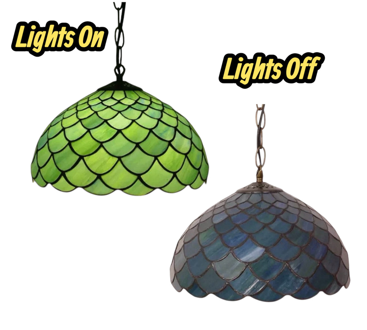 Set of two stained glass pendant lamps: green and blue scalloped scale shades