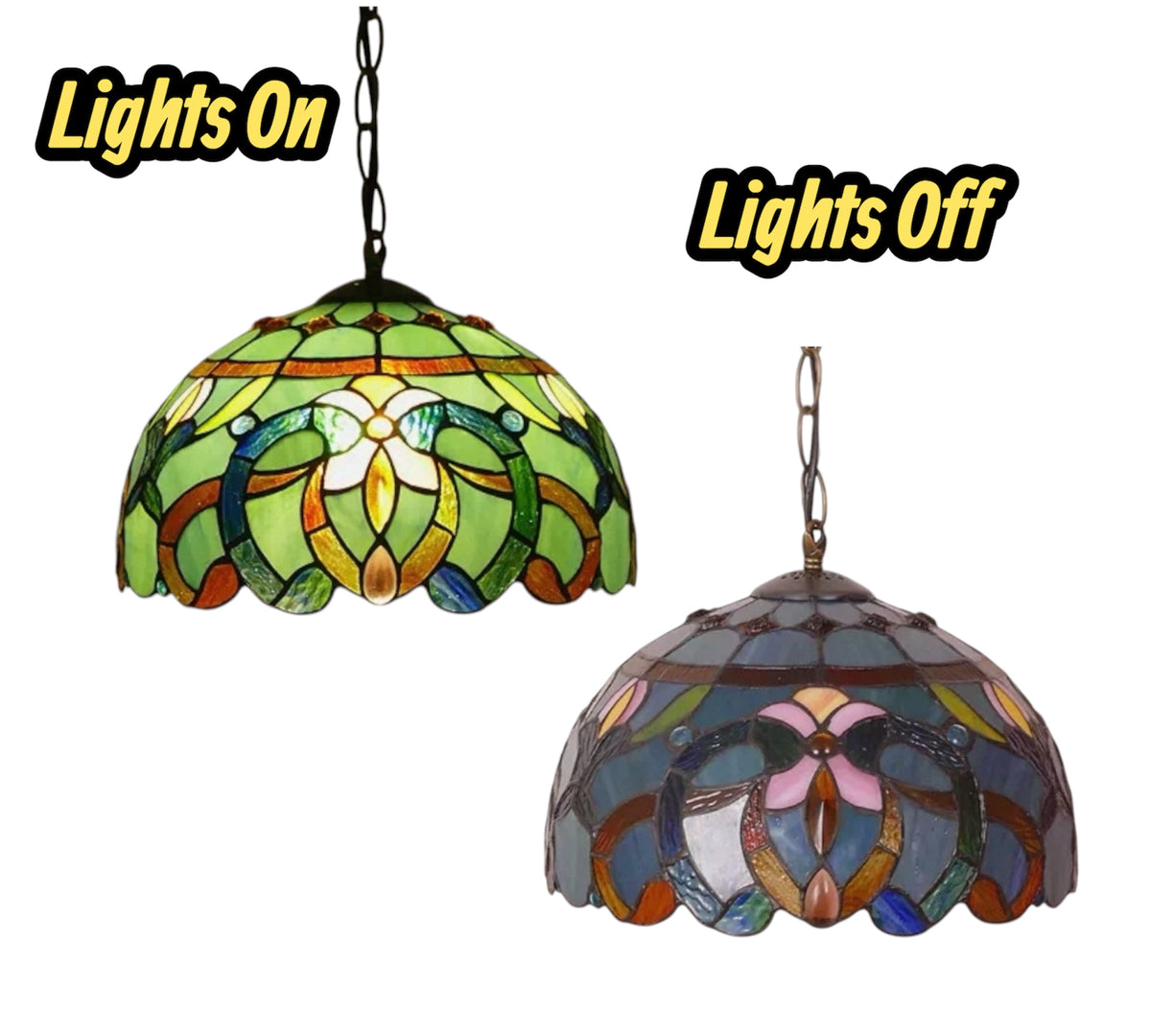 Tiffany-style stained glass pendant lamp with hanging chain, lights on/off view