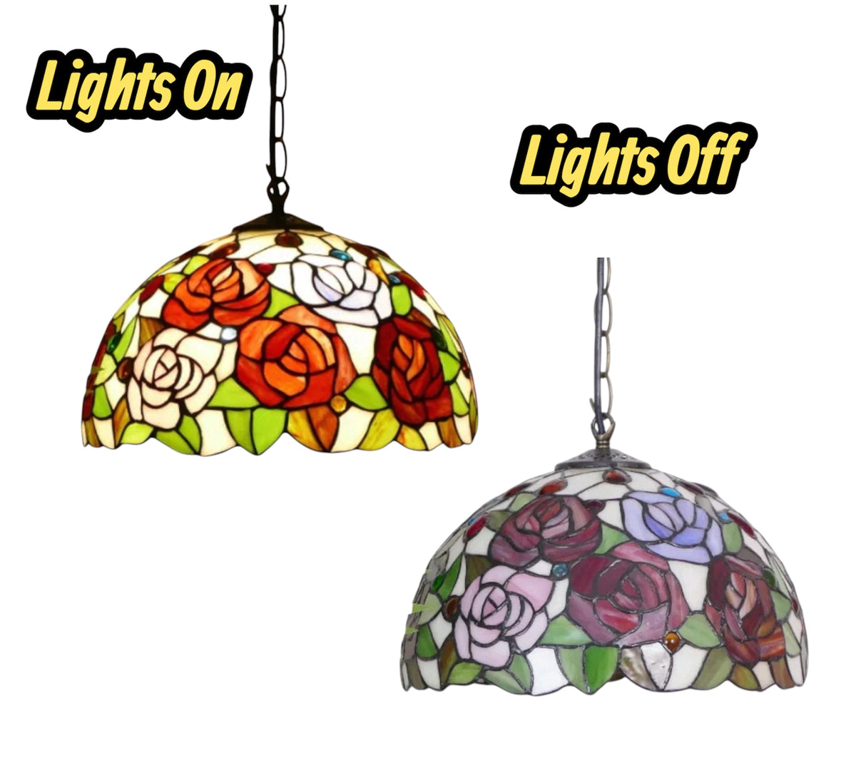 Two stained glass pendant lamp shades: red/orange roses and purple/gray floral designs