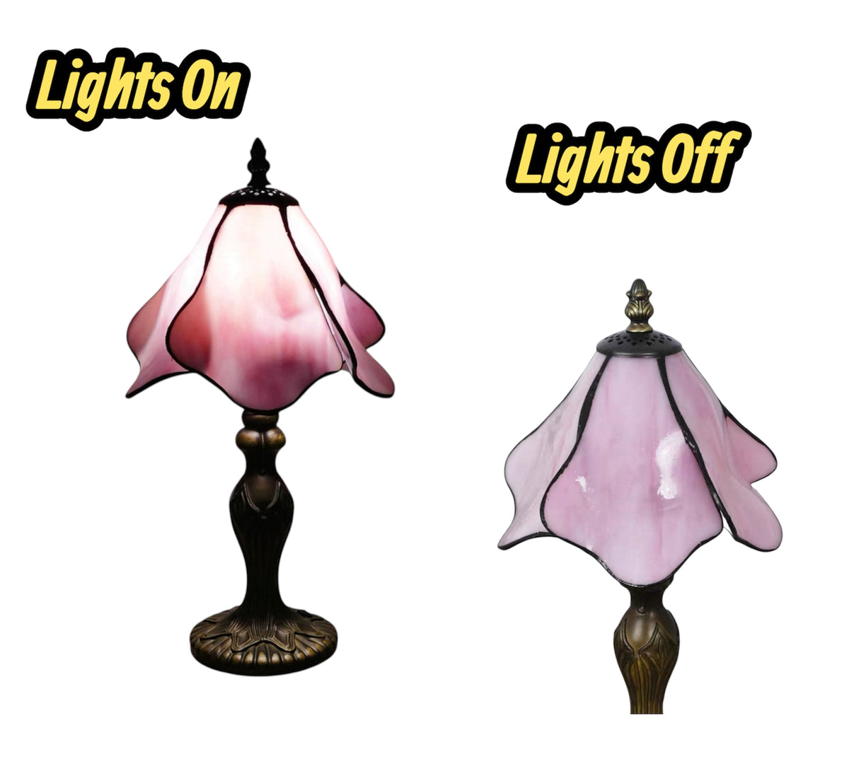 Table lamp shown lit vs unlit: pink stained-glass shade on dark base