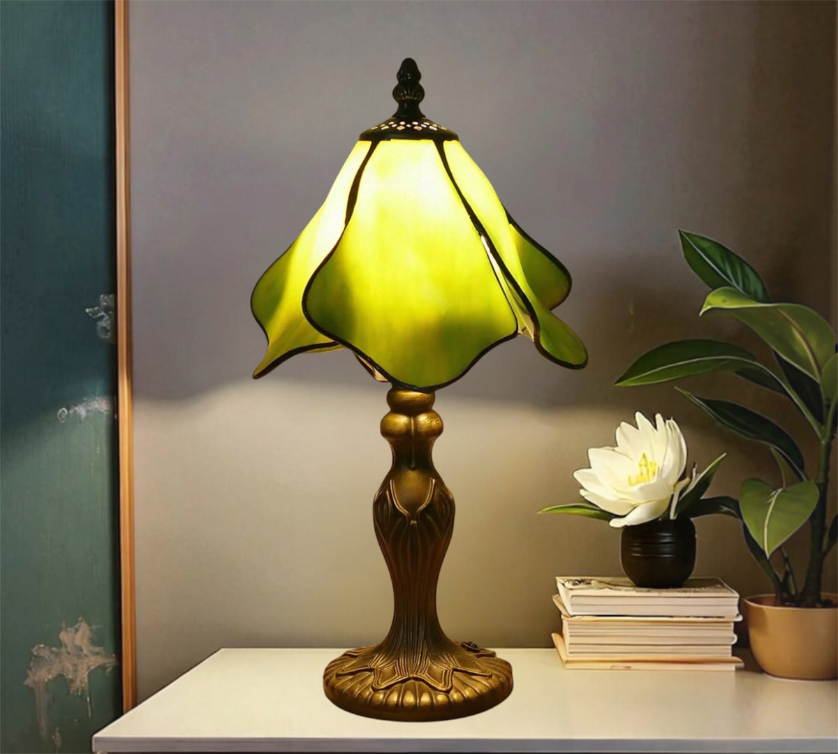 Tiffany table lamp with stained glass shade, yellow-green panels, metal base
