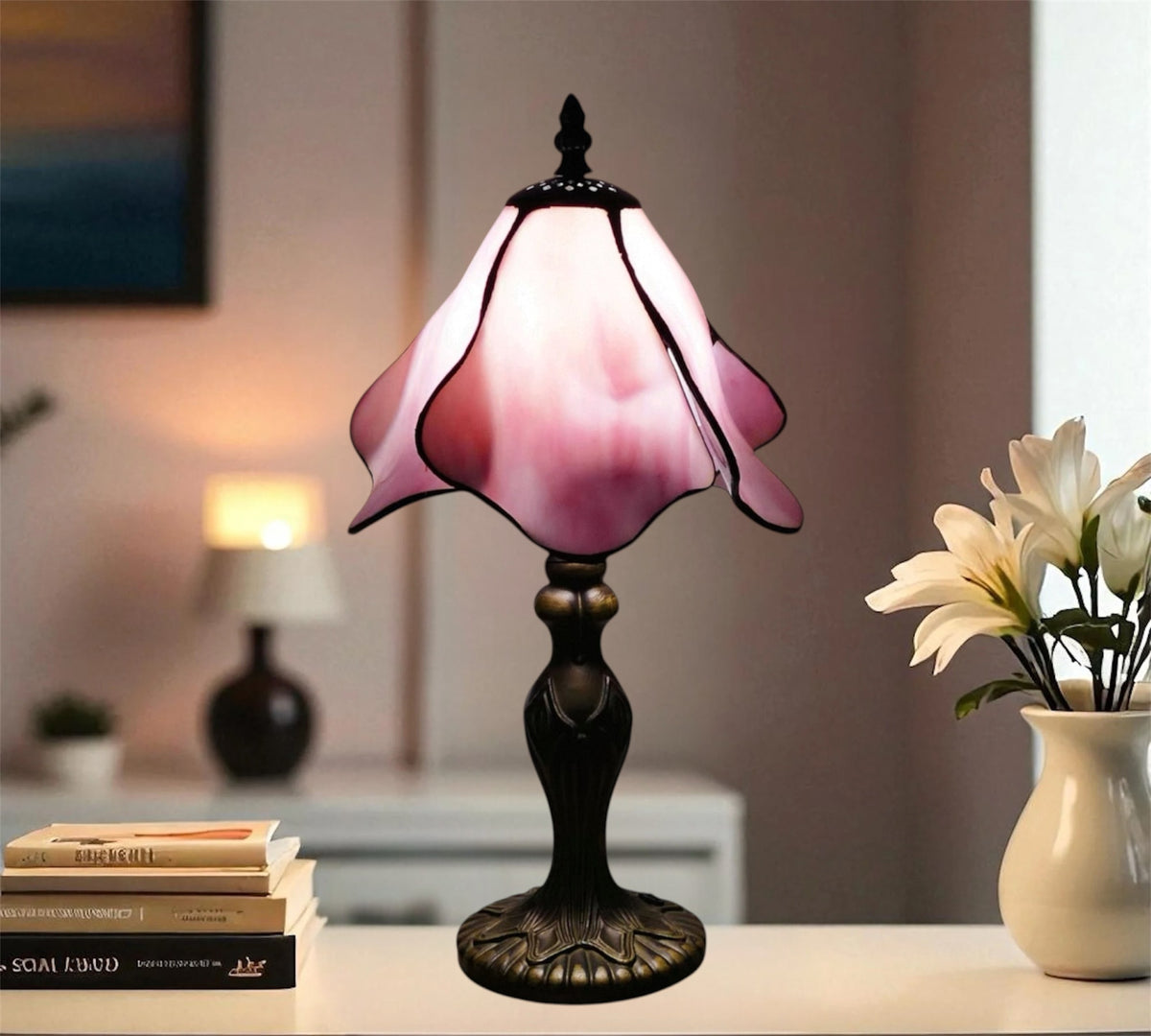 Tiffany table lamp with pink stained-glass shade and dark textured base