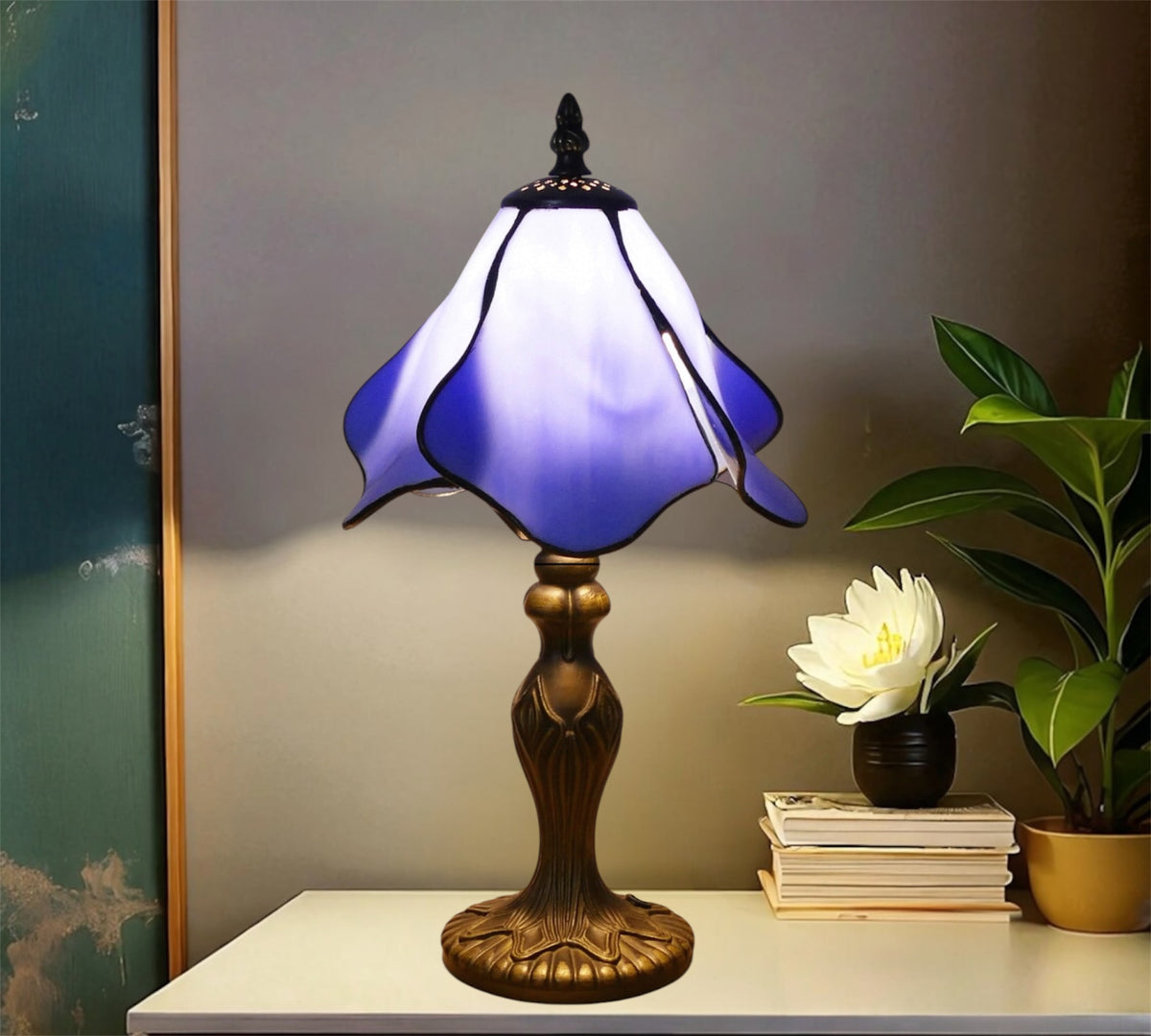 Table lamp with frosted purple-blue stained glass shade and gold metal base