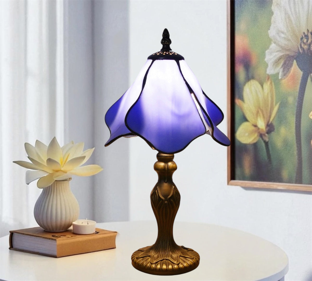 Stained glass table lamp with purple-blue shade and detailed gold base