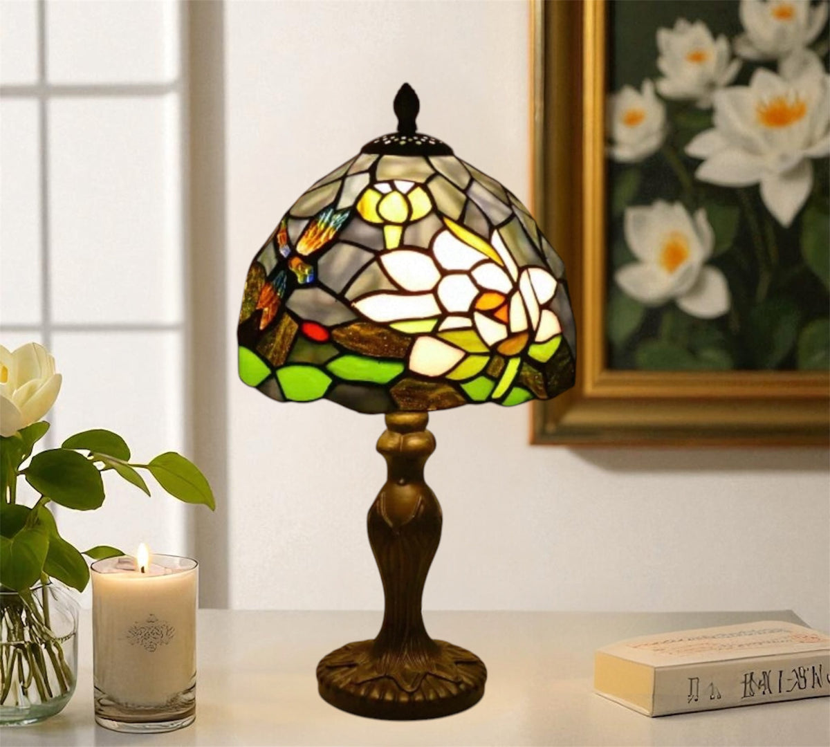 Tiffany-style stained glass table lamp with rounded multicolor mosaic shade and bronze base