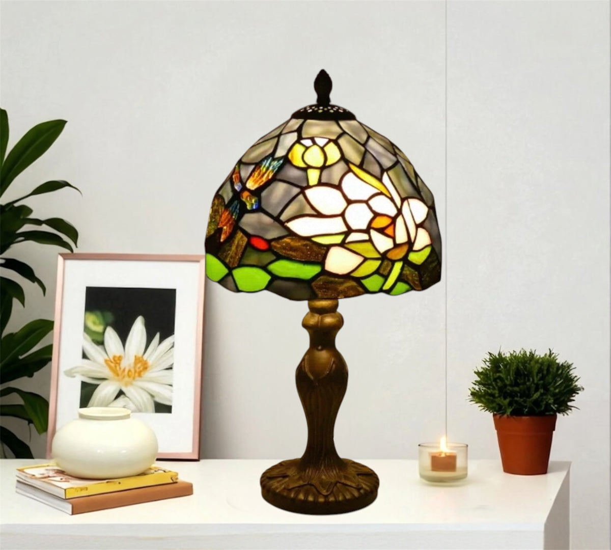 Stained glass table lamp with multicolor dome shade and dark bronze round base