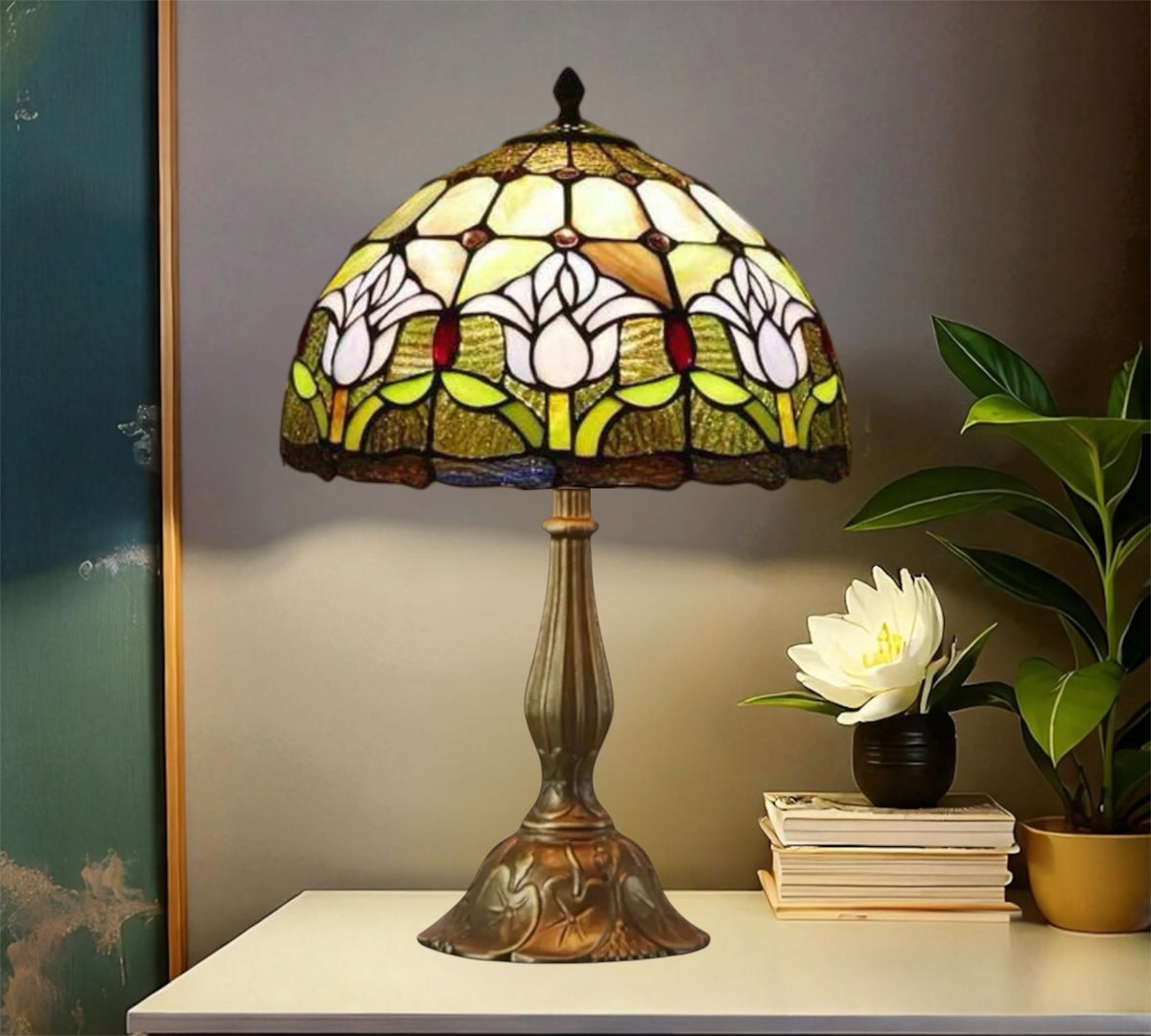 Tiffany-style stained glass table lamp with floral multicolor shade and bronze metal base