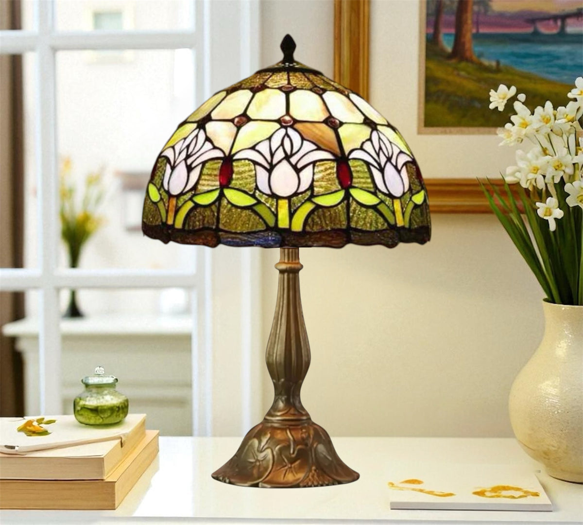 Tiffany-style stained glass table lamp with floral multicolor dome shade and bronze metal base