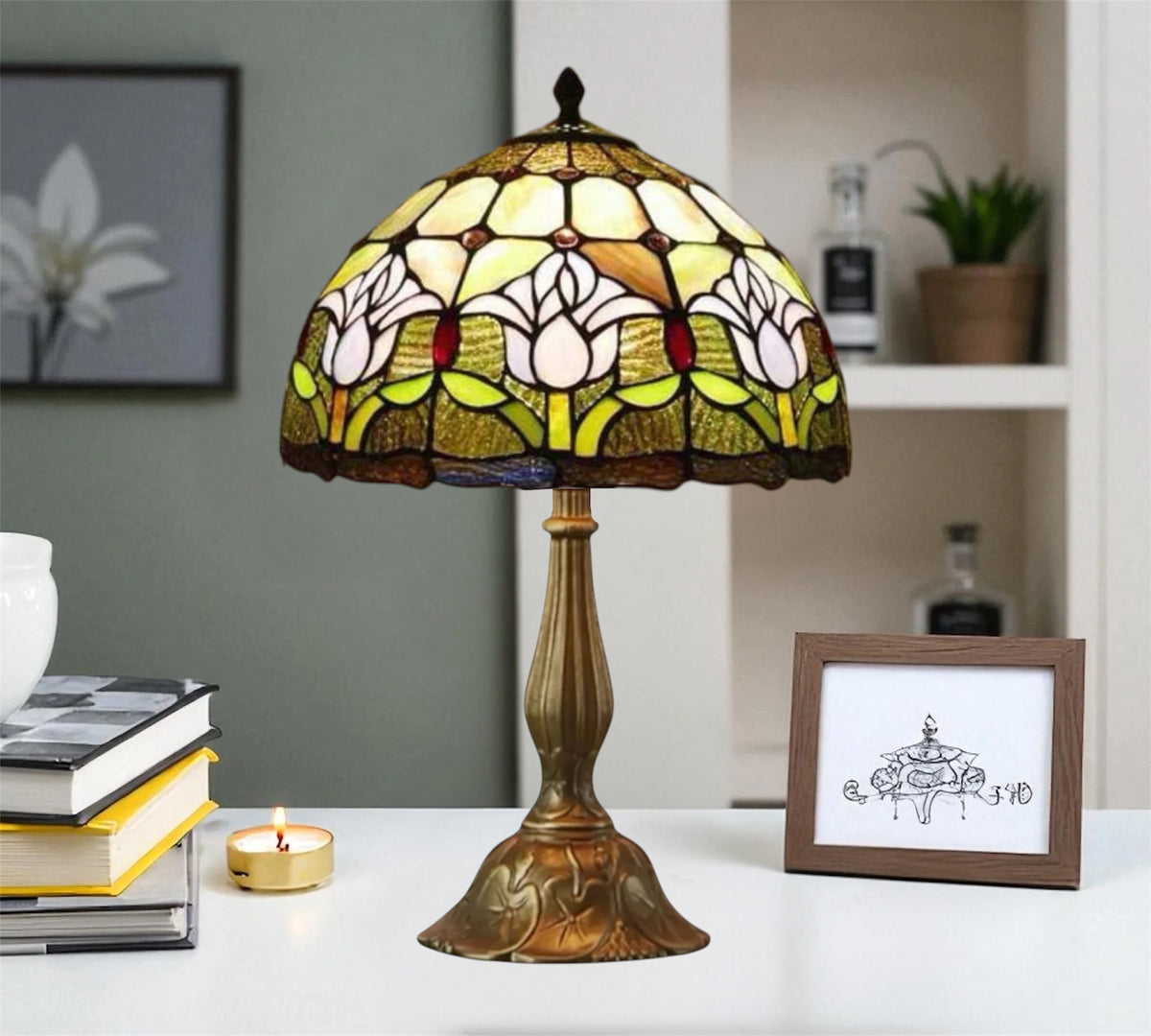 Tiffany-style stained glass table lamp with multicolor floral shade and ornate bronze pedestal base