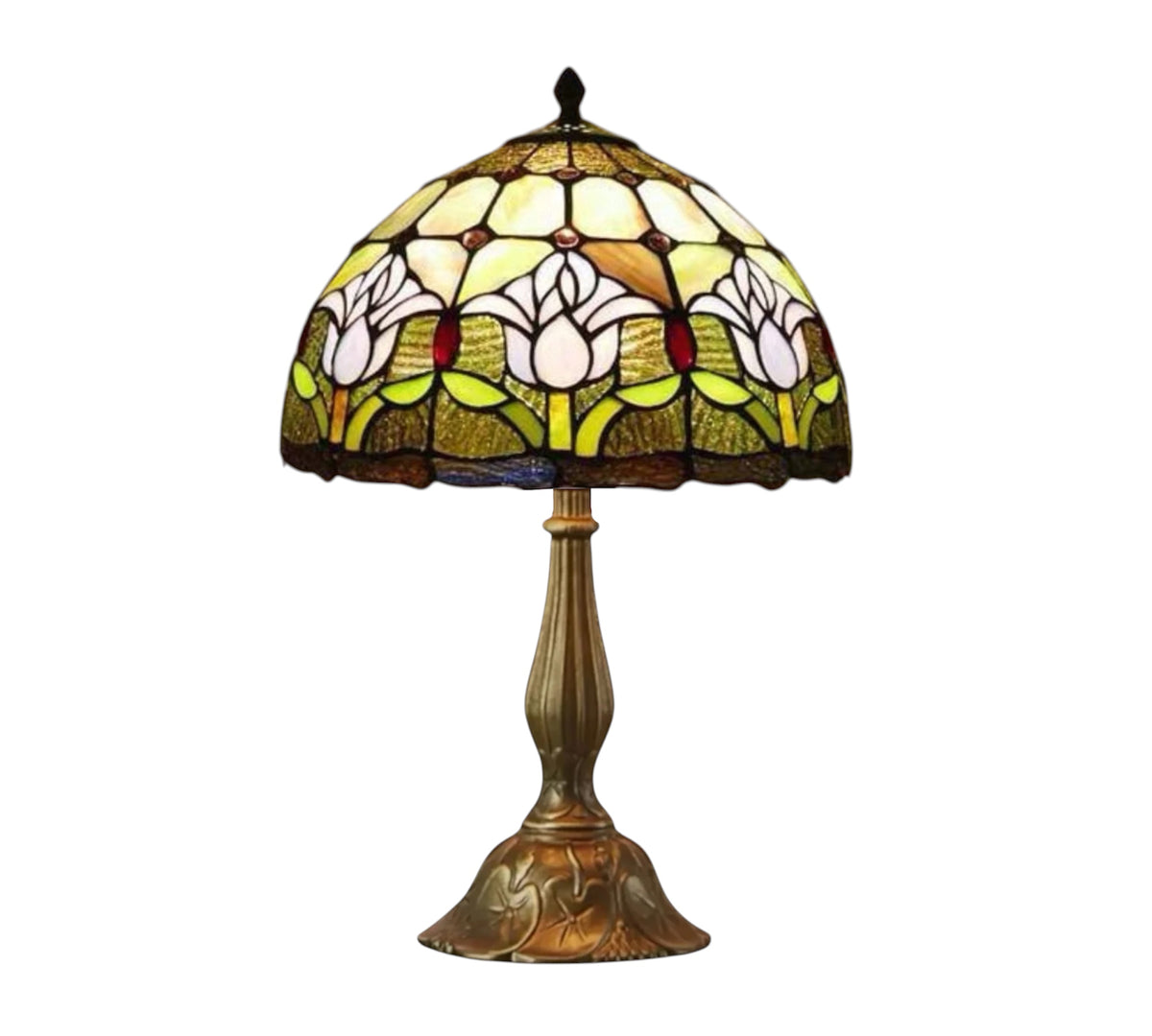 Tiffany-style stained glass table lamp with multicolor floral dome shade and bronze metal base