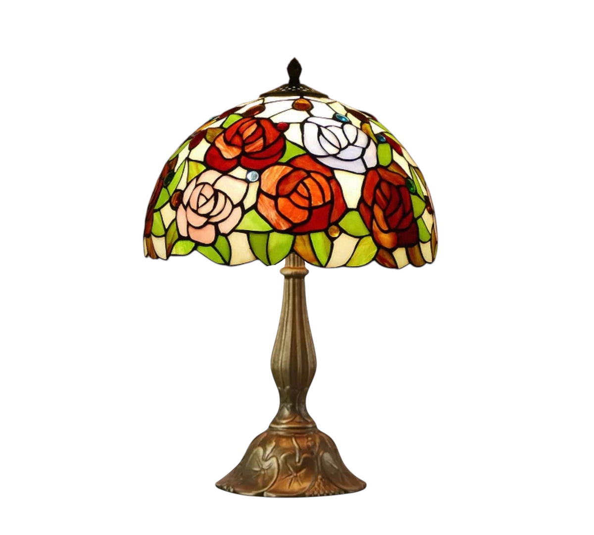 Tiffany-style stained glass table lamp with multicolor floral shade and bronze base