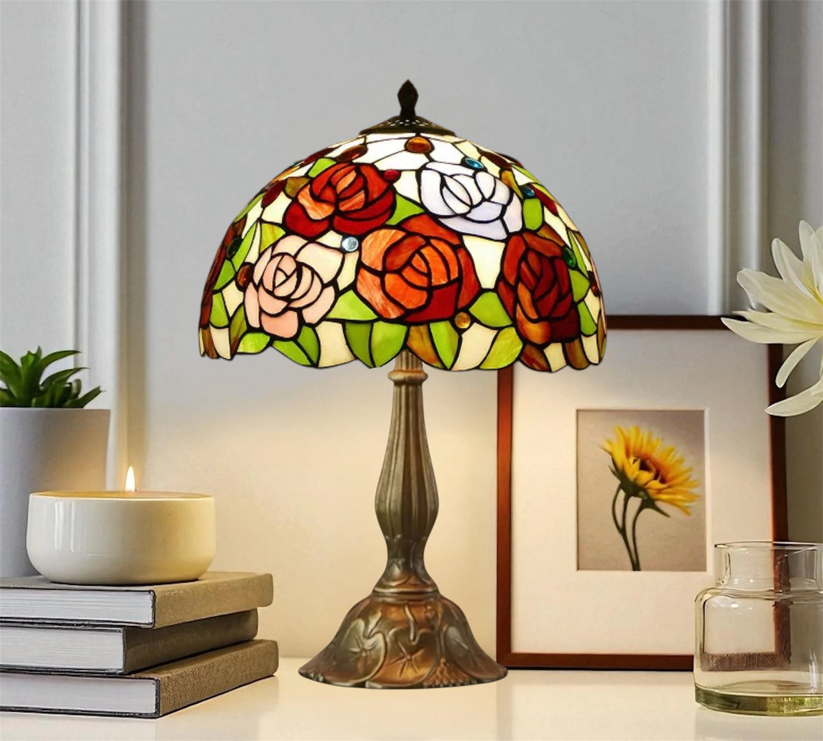 Tiffany-style stained glass table lamp with multicolor floral shade and bronze metal base
