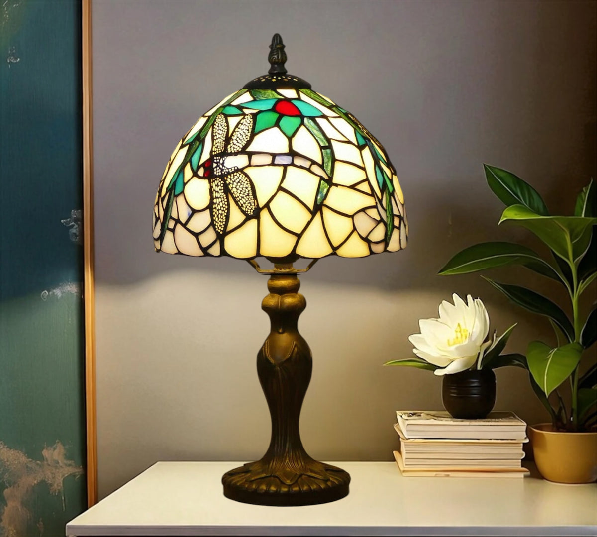 Tiffany table lamp with stained-glass dome shade and dark bronze pedestal base