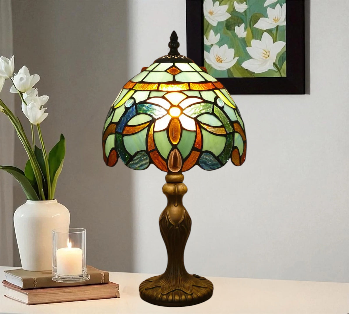 Stained-glass table lamp with multicolor shade and bronze pedestal base