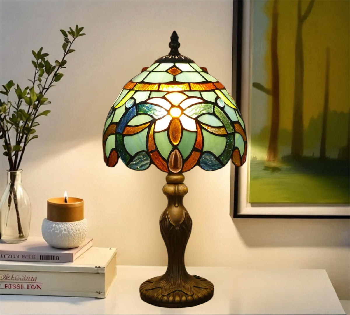 Stained-glass table lamp with rounded multicolor shade and bronze base