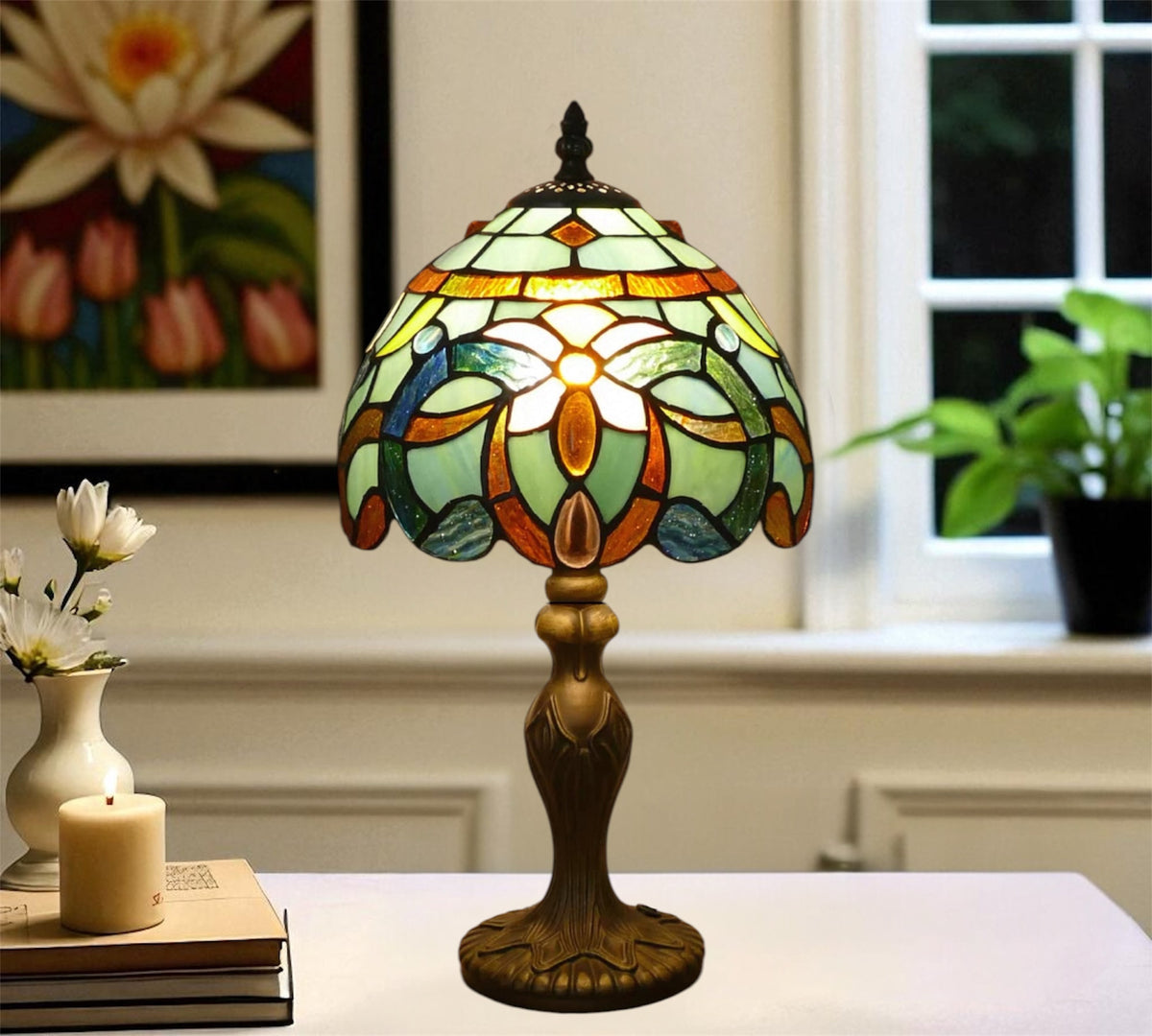Stained-glass table lamp with multicolor dome shade and bronze pedestal base