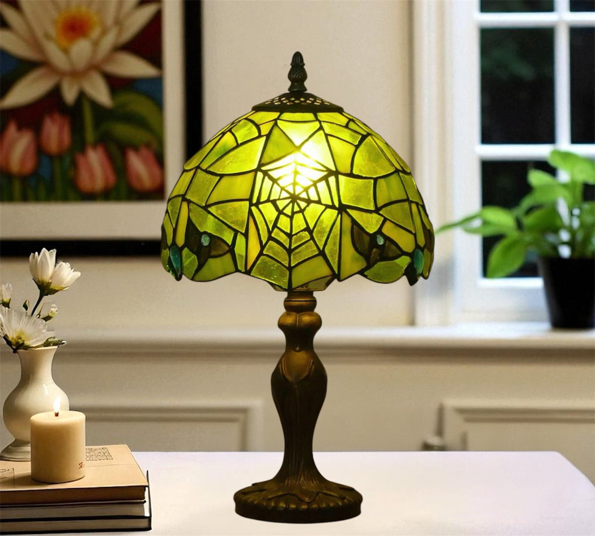 10-inch Tiffany table lamp with green stained-glass dome shade and dark metal base